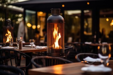 restaurant terrace with outdoor heaters with fire flame closeup. Gas heating equipment. Romantic date. Europe in winter, gas prices inflation. - Powered by Adobe