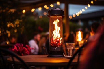 restaurant terrace with outdoor heaters with fire flame closeup. Gas heating equipment. Romantic date. Europe in winter, gas prices inflation. - obrazy, fototapety, plakaty