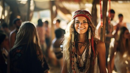Pretty hippie woman, beautiful young hipster. Concept of youth, freedom and adventure. Cute cheerful teenage lady. attractive female vintage girl. - 707860852
