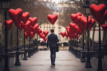 Man walking away from love. Guy in black from behind and red heart shaped balloons around on Valentines Day February 14.  Emotionally unavailable running from love and relationship. - obrazy, fototapety, plakaty