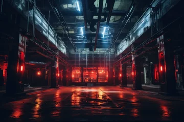 Fototapeten industrial space for techno music party club with neon lighting. Rave cyberpunk parties. © Dina
