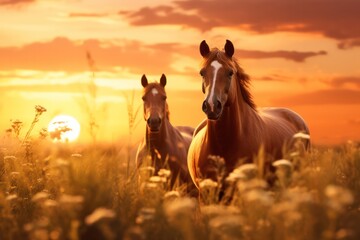 two beautiful brown Arabian horses standing at sunset in the field in nature - obrazy, fototapety, plakaty