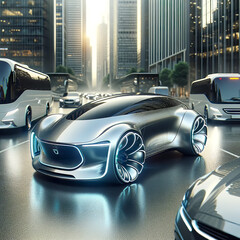 A futuristic car concept in a realistic setting, placed amidst contemporary vehicles on a busy city street.