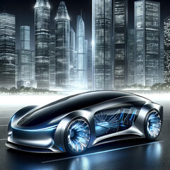 A futuristic car design, sleek and aerodynamic, with a polished metallic surface reflecting a high-tech cityscape.