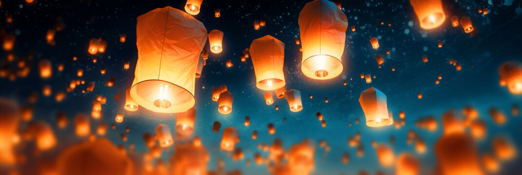 Flying paper lanterns in night sky - ai generative