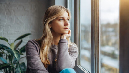 A sad millennial caucasian female looking out the window alone.