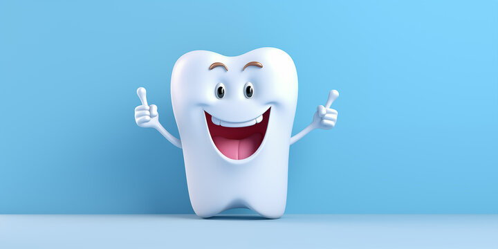 Dental banner with smiling tooth showing index fingers up over blue background