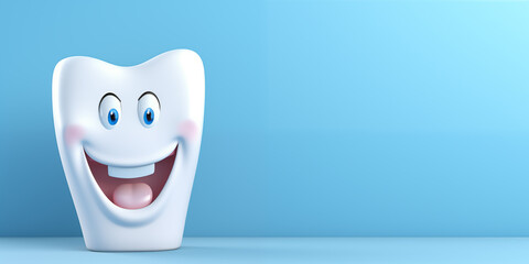 Dental banner with smiling tooth over blue background with place for text