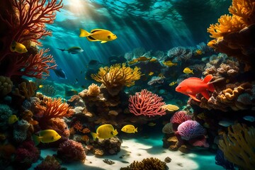 Fototapeta na wymiar A vibrant coral reef teeming with exotic marine life, illuminated by sunlight filtering through the water.
