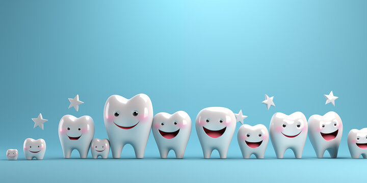 Dental banner with smiling teeth with stars in row over blue background