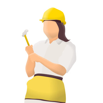 female builder in uniform holding hammer