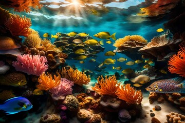 A vibrant coral reef teeming with exotic marine life, illuminated by sunlight filtering through the water.