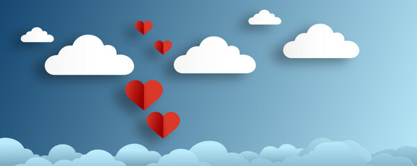 Poster or banner with blue sky, clouds and hearts cut out of paper. Valentine's Day background for design. - obrazy, fototapety, plakaty