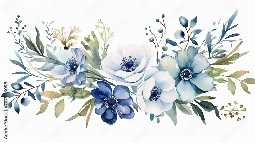 Wall mural beautiful wedding floral design with green landscape and blue sky watercolor on white background