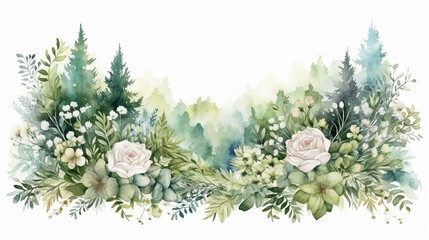 beautiful wedding floral design with green forest watercolor landscape