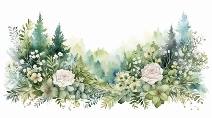 Fotobehang beautiful wedding floral design with green forest watercolor landscape © Aura