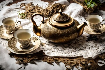 An antique brass teapot surrounded by delicate porcelain cups, sitting on a lace doily with scattered tea leaves. - obrazy, fototapety, plakaty