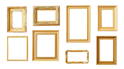 An assortment of eight golden picture frames of different sizes and patterns on a white background, showcasing intricate designs.