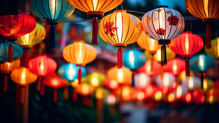 Fototapeta na wymiar Colorful paper lanterns hanging in night view - ai generative