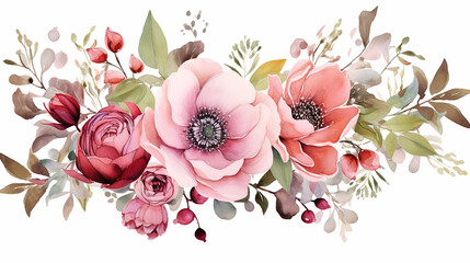 elegant wedding floral design with pink flower garden watercolor on white background