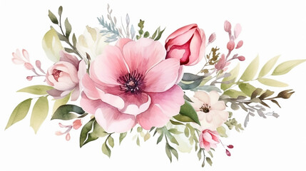 beautiful wedding floral design with pink flower garden watercolor on white background - obrazy, fototapety, plakaty