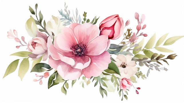 beautiful wedding floral design with pink flower garden watercolor on white background