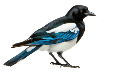 A magpie with striking black and blue plumage, white background, showcasing its glossy feathers and curious gaze.