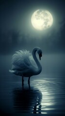 Graceful swan in Gothic ballerina attire, Gothic moonlit lake in the backdrop, artistically blurred