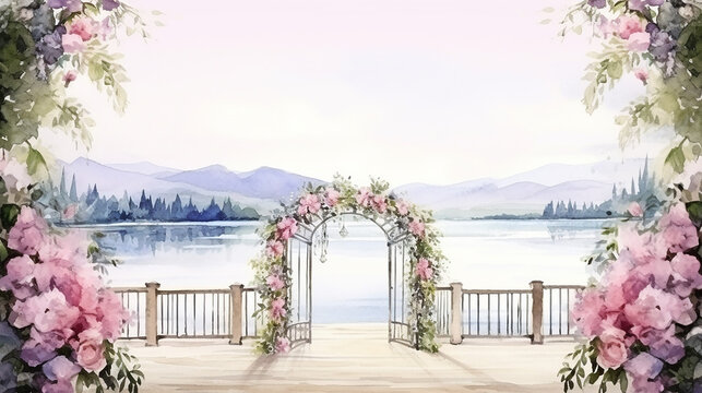 wedding theme with lake landscape watercolor on white background