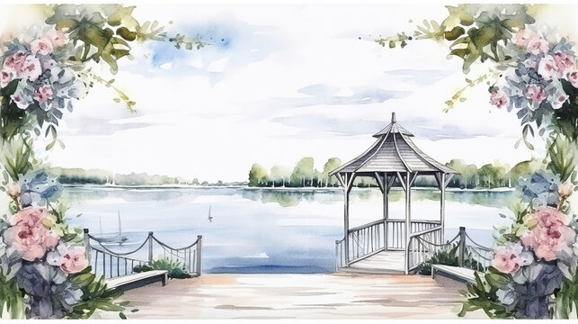 elegant wedding theme with lake landscape watercolor on white background