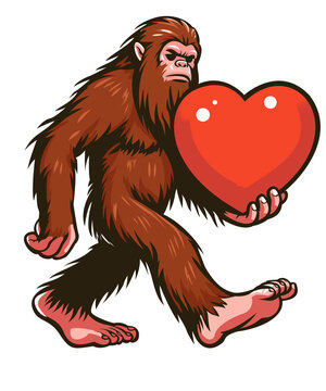 illustration of a cartoon walking bigfoot holding big heart isolated