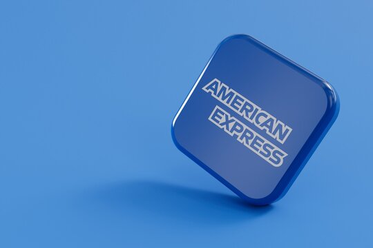 LONDON, UK - October 2023: American Express bank and financial services company logo. 3D Rendering