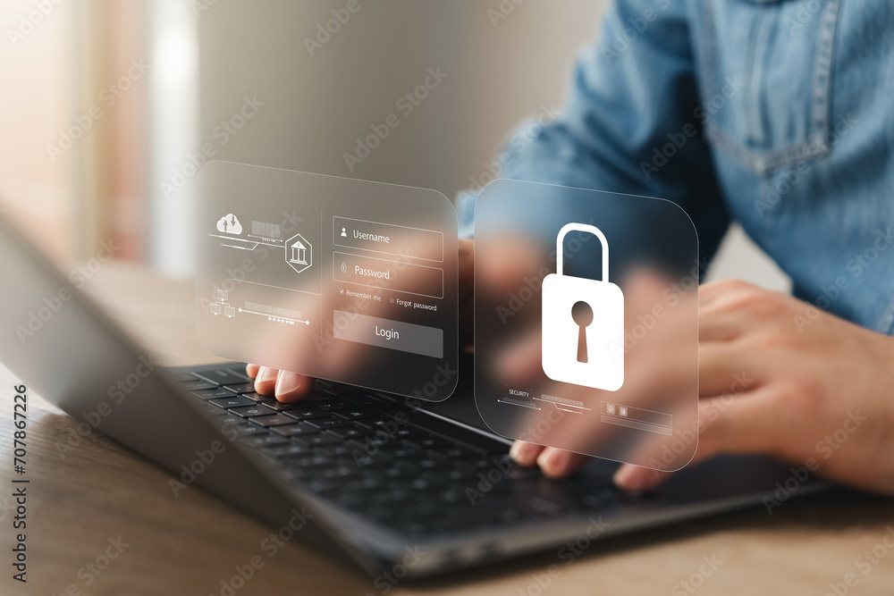 Poster cybersecurity protects login and secure internet access, businessman using laptop internet network f