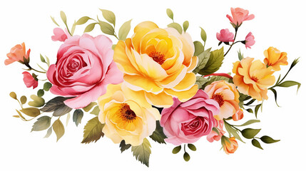 beautiful yellow pink flower arrangement watercolor on white isolated background
