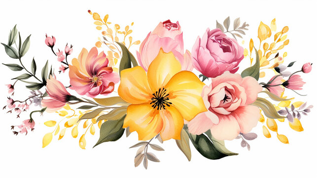 simple elegant yellow pink flower arrangement watercolor on white isolated background