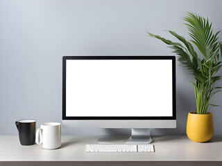 Workspace computer blank screen and creative office supply on work desk with photo frame with plant decoration on office desk.