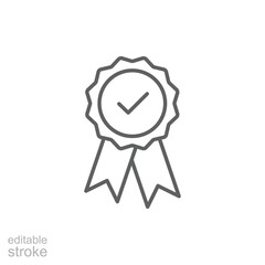 Rosette stamp icon. Simple outline style. Guarantee, warranty, certificate, medal with check mark, ribbon, quality concept. Thin line symbol. Vector isolated on white background. Editable stroke SVG.