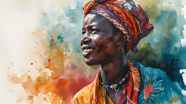 African Man with Vibrant Watercolors. Watercolor. Generative AI
