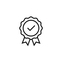 Rosette stamp icon. Simple outline style. Guarantee, warranty, certificate, medal with check mark, ribbon, quality concept. Thin line symbol. Vector isolated on white background. SVG.