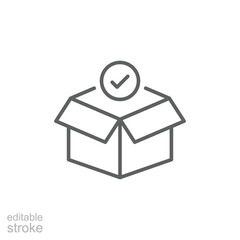 Box check icon. Simple outline style. Receive product, delivery package, open order, cardboard, bulk, unpack box concept. Thin line symbol. Vector isolated on white background. Editable stroke SVG.