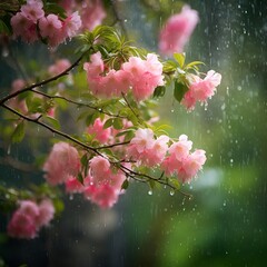 Pink cherry blossom in spring, Rainy Background