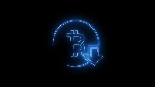 Video footage of Blue glowing Bitcoin price decrease neon icon. Looped Neon Lines abstract on black background. Futuristic laser background. Seamless loop. 4k video