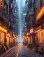 portrait image of a city with alleys to street
