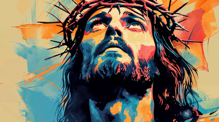A poignant and colorful portrait of Jesus with a crown of thorns, depicted in a modern, abstract...