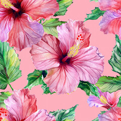 Seamless floral hibiscus watercolor background.