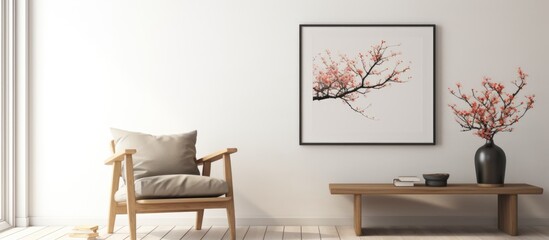 Living room with open book, vase of blossoms, wooden table, black chair, empty poster frame on white wall.