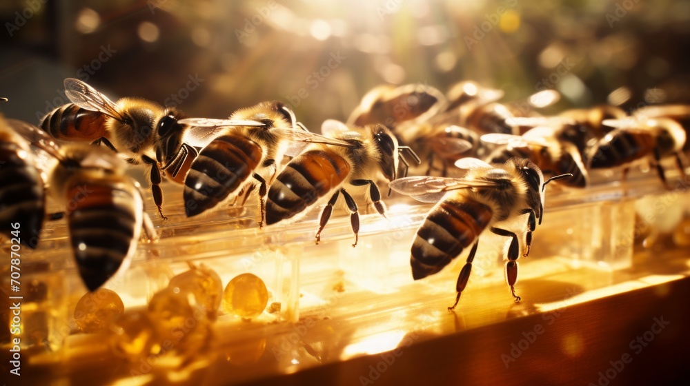 Poster Close-up shot of bees working in harmony inside a transparent observation beehive. Generative AI