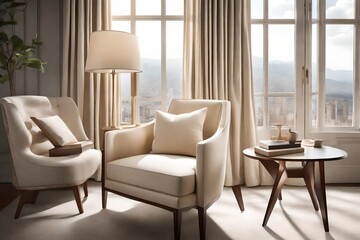 An artfully arranged cream-colored armchair paired with a sleek side table, positioned beside a window overlooking a picturesque view, inviting quiet moments of reflection.