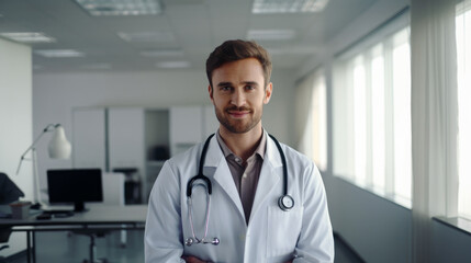 A portrait of a physician, dressed in a white robe and equipped with a stethoscope