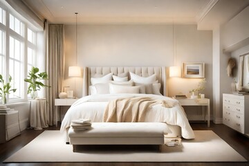 A serene bedroom with a white upholstered bedframe, cream-colored bedding, and soft lighting creating a cozy ambiance.